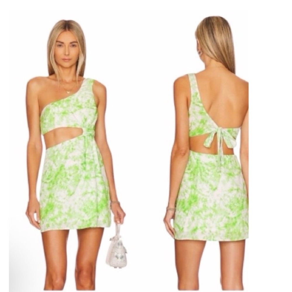 For Love & Lemons Devon Mini Dress XS  Tie Dye One‎ Shoulder Cutout NEW (L)